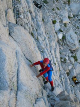 Spiderman on the first pitch of the red dihedral route.