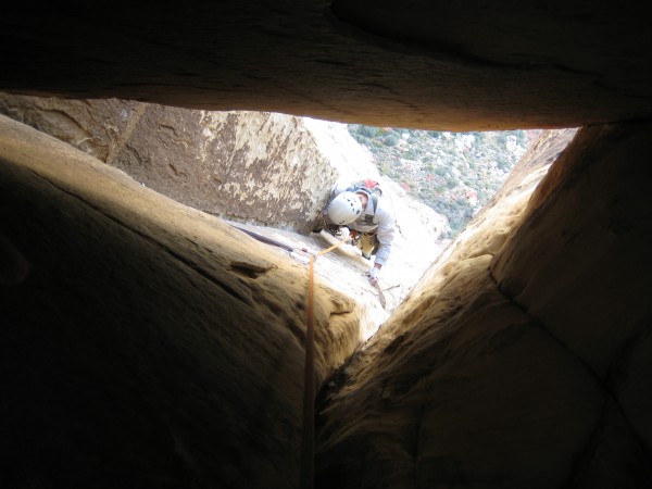 Jess coming up to the chockstone