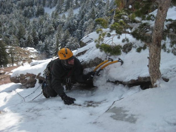 Slabbaneering at the end of the second pitch, Silk Road.  photo by Mik...