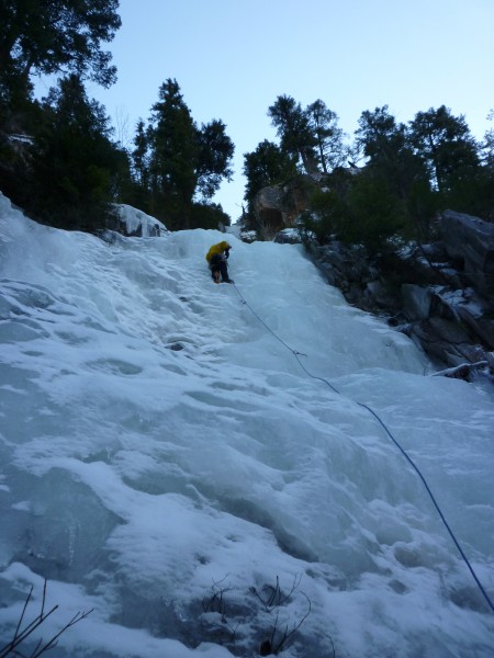 Lee leading off the first easy ice pitch