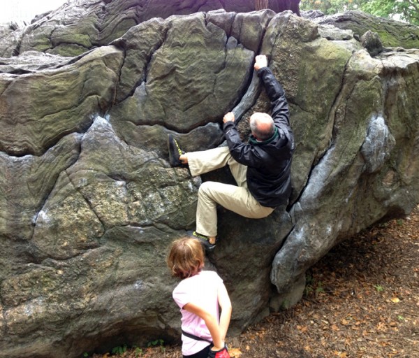 A dad and daughter enjoy an aesthetic little boulder problem on Rat Ro...