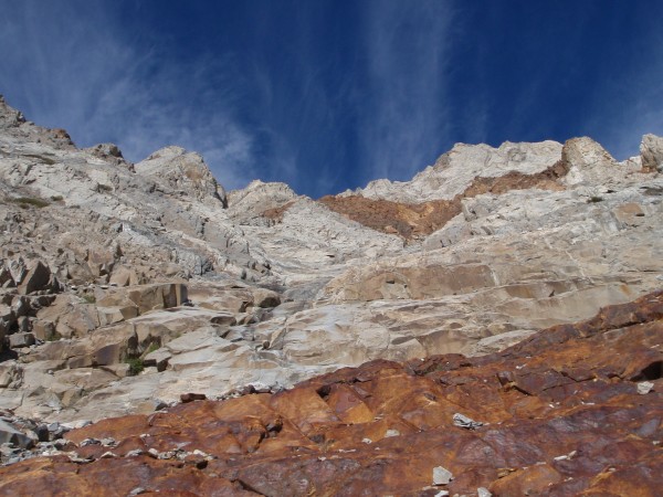 Approaching the super fantastic red band of rock high on the route.