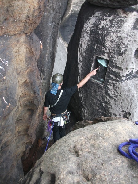 Rubbing Dr. Schuster's nose.  1st ascent about 1896