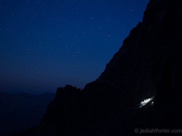 Heading up Starlight chute at 5am with Thunderbolt climbing group in b...