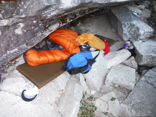 One of the bivy caves at the bottom of the route