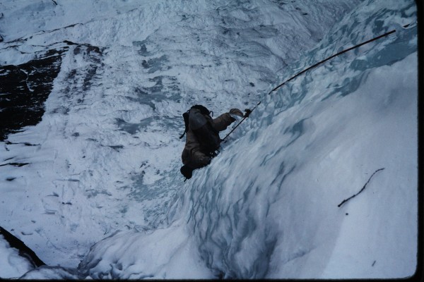 Jim climbing the pillar.