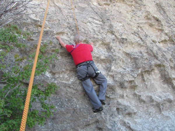 "Brokedownclimber" resting before starting 5.7 moves upward. Left side...