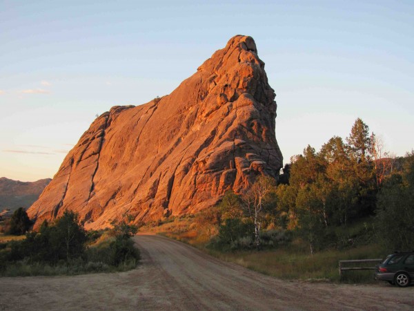 Alpenglow on Bath Rock at sunrise, City of Rocks, ID.