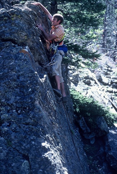 Bob Culp starting the Deville III Route, Estes Park Valley.