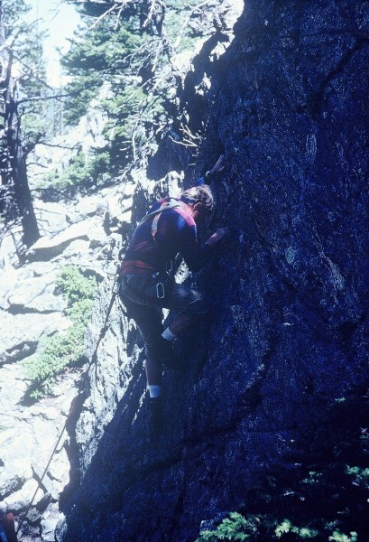 Larry Treece following pitch two, DeVille III route. May, 1980.