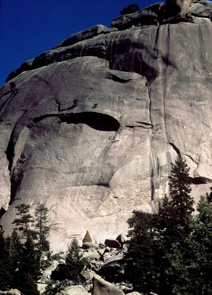 Dome Rock from the approach hike. The route finishes on the blank appe...