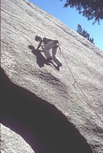 Anne Carrier slab climbing &#40;5.9&#41; on Topographical Oceans. Pitch #1.