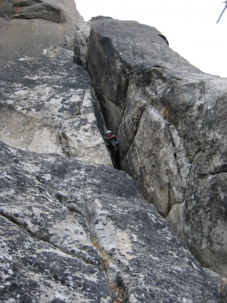 Geoff leading the P1 chimney.  This route definitely has you thinking ...