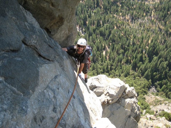 Geoff following on P8 - great jamming after stepping over the arete.